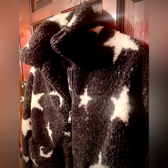New NWT Vici teddy faux Sherpa black and white stars zippered jacket w/collar S - Picture 5 of 13